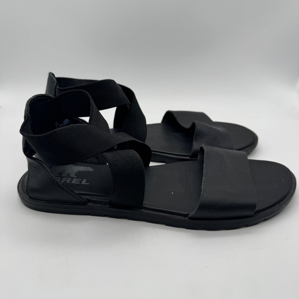 Sorel Ella II Sandals Black Leather Elastic‎ Strap - Women's Size 8
